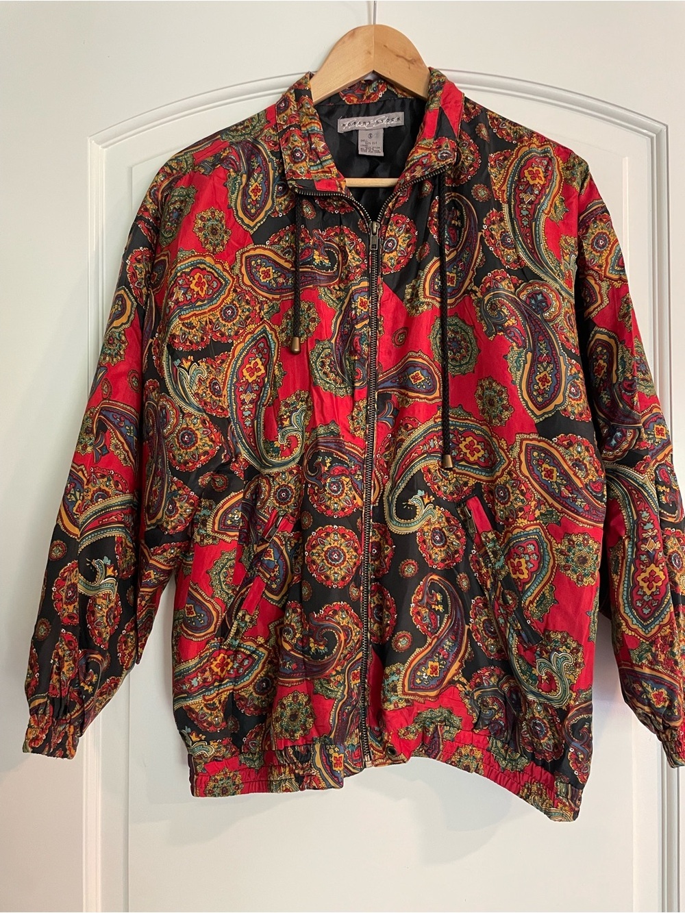 Robert Stock Vintage 100% Silk Paisley Bomber Jacket Red Gold Small